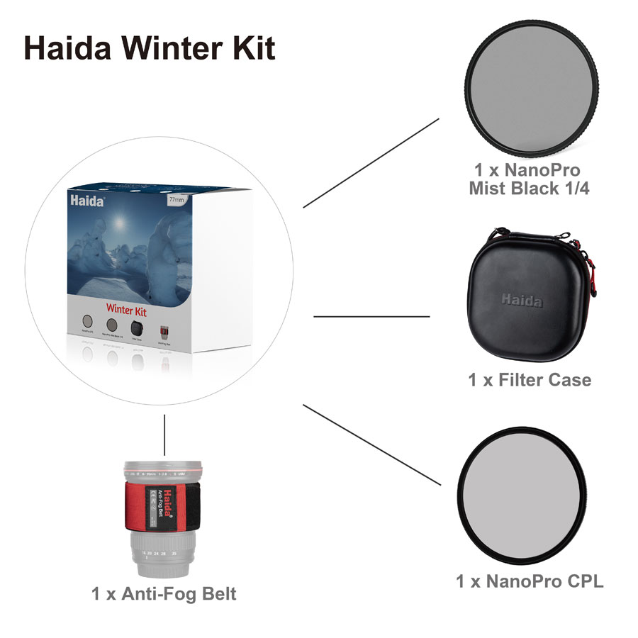       Zestaw zimowy Haida Winter Kit 72mm z opaską grzewczą, filtrami CPL, Mist Black i etui